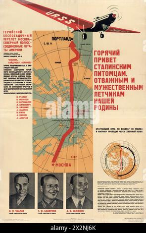 URSS - sowjetisch - russisches Poster - herzliche Grüße an Stalins Schüler, die mutigen und mutigen Piloten unseres Mutterlandes. Stockfoto