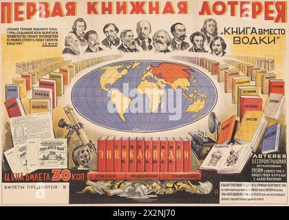 Russisches Vintage-Poster - erstes Buch Lotterie - Buch statt Wodka (1930) russisches Werbeplakat. Stockfoto