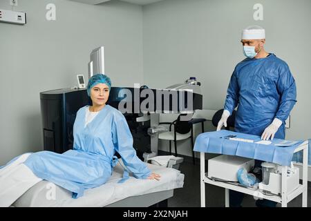 Ein Mann in Schutt, der einen Patienten in einem Krankenhauszimmer betreut. Stockfoto