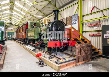 Das Bild zeigt das Innere des Eisenbahnmuseums im Küstenort Port Erin an der Südwestspitze der Isle of man Stockfoto