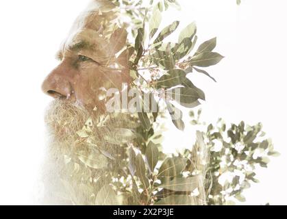 Ein ruhiges Doppelbelichtungsprofil eines alten bärtigen Mannes Stockfoto