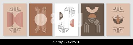 Minimalistische Poster-Kollektion mit Zen-Bogen. Moderne Boho-Wanddekoration mit abstrakten geometrischen Formen in beigefarbenem Naturton. Vektorhüllen mit zeitgenössischen einfachen Strichfiguren im trendigen Bohemian-Stil. Stock Vektor