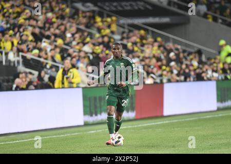 Columbus, Ohio, USA. April 2024. Juan David Mosquera (29), Verteidiger der Portland Timbers, spielt den Ball gegen die Columbus Crew in ihrem Spiel in Columbus, Ohio. Brent Clark/Cal Sport Media/Alamy Live News Stockfoto