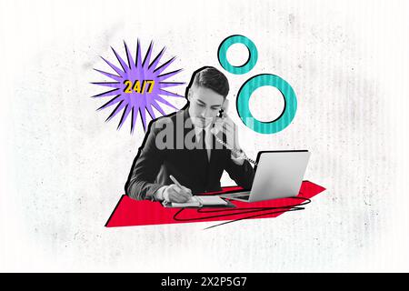 Composite Photo Collage von seriösen Geschäftsmann halten Telefonempfänger sprechen Kundendienst 24 7 isoliert auf gemalten Hintergrund Stockfoto