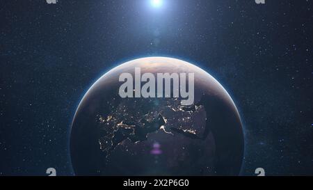 Erstaunlicher Blauer Planet Erde Mit Lichtern Von Nachtstädten In Europa, Afrika Und Osten Im Sternenraum Mit Sonne. Wunderschöner Nachtplanet Erde. Großer Raum Stockfoto