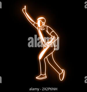 Bowler-Bowling im Cricket-Meisterschaftssport. Cricket Fast Bowler, Neonlichteffekt, dunkler dunkler Hintergrund. Cricket Bowler in Aktion. Neonlicht Stockfoto