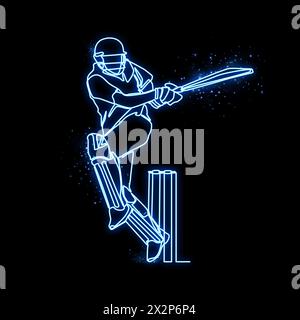 Cricket-Spieler Neon-Vektor-Kunst grün, blau, rot. Cricket Batsman Neonkunst. Cricket Schlagmann, Neonlichteffekt, voller schwarzer Hintergrund. Stockfoto