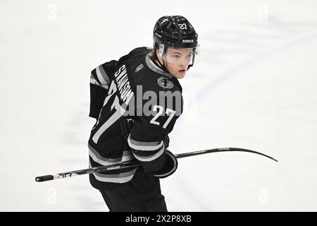 Fargo Force Stürmer Mac Swanson (27) skatet am Montag, den 22. April 2024 in der Scheels Arena in Fargo, ND, in der zweiten Runde des Clark Cup Playoffs der USHL zwischen dem Tri-City Storm und der Fargo Force zur Bank. Fargo gewann 3-1 und führt die Besten der fünf Serien 2-0. Foto von Russell Hons/CSM Stockfoto