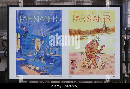 Paris, Frankreich. April 2024. Plakate mit dem Thema „Sport in der Stadt“ sind am 23. April 2024 in der Nähe des Rathauses in Paris, Frankreich, ausgestellt. Quelle: Gao Jing/Xinhua/Alamy Live News Stockfoto