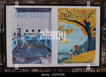 Paris, Frankreich. April 2024. Plakate mit dem Thema „Sport in der Stadt“ sind am 23. April 2024 in der Nähe des Rathauses in Paris, Frankreich, ausgestellt. Quelle: Gao Jing/Xinhua/Alamy Live News Stockfoto