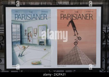 Paris, Frankreich. April 2024. Plakate mit dem Thema „Sport in der Stadt“ sind am 23. April 2024 in der Nähe des Rathauses in Paris, Frankreich, ausgestellt. Quelle: Gao Jing/Xinhua/Alamy Live News Stockfoto