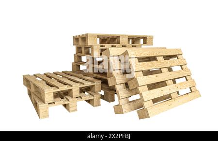 Stapel von Holzpaletten isoliert auf weiß. 3D-Rendering Stockfoto