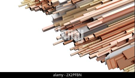 Abstrakte Anordnung glänzender kupferfarbener Metallrohre und -Rohre. 3D-Rendering Stockfoto