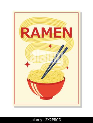 Poster mit japanischem Ramen-Essen. Vektor-Illustration asiatische Nudeln mit Essstäbchen. Stock Vektor