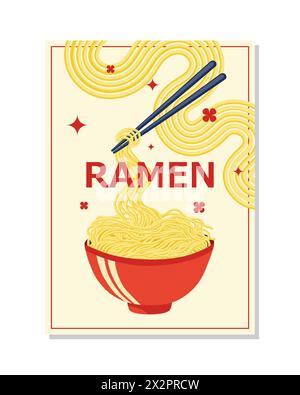 Ramen-Postervorlage. Vektor-Illustration asiatische Nudeln mit Essstäbchen. Stock Vektor