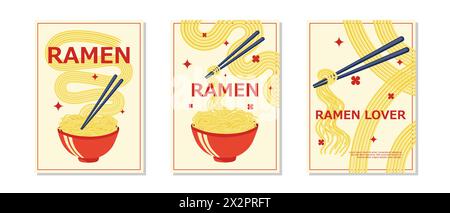 Flache Design Ramen vertikale Flyer-Vorlage. Vektor-Illustration asiatische Nudeln mit Essstäbchen. Satz von Konstruktionen. Stock Vektor