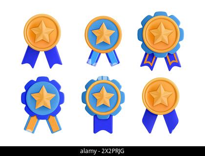 Symbol für 3D-Medaille. Hochwertiger Goldstern für Zertifikat oder Auszeichnung. Prämie für die Gewinner der Meisterschaft. Trophäenrenabzeichen. Kundenbewertung. Rundes Garantiemedaillon mit Bändern. Preise für Vektorleistungen festgelegt Stock Vektor