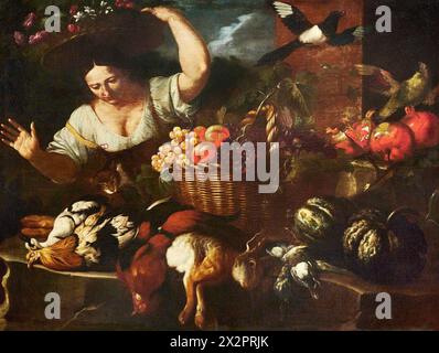 Natura Morta con lepre,pollame,zucche,cesta di frutta,uccelli in volo e donna con canestro di fiori in testa ( detta La Giardiniera ) - olio su tela - Stockfoto