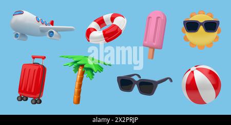 Strandsymbole. 3D-Urlaubs- oder Reiseobjekte. Urlaubsreise. Sonnenbrille und tropische Palmen. Sonnenschirm. Zubehör für Ebene und Seebälle rendern. Eis. Touristentasche. Vektor-Zeichentrickset Stock Vektor