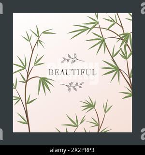 Poster mit Blumenmuster. Schöne Pflanzen. Sommergartenbusch. Baumverzweigungen. Tropische Zweige mit grünen Blättern. Bambuslaub. Dschungel Naturkarte. Natürliches Grün. Exotische Flora des Waldes. Botanisches Vektorbanner Stock Vektor