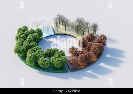 Tortendiagramm für ökologisches, nachhaltiges und umweltfreundliches Geschäftskonzept. Finanzzahlen, Ökologie, dargestellt durch Buchen in verschiedenen Jahreszeiten Stockfoto