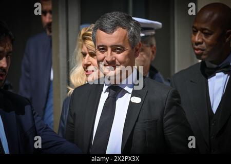 Paris, Frankreich. April 2024. Gerald Darmanin, französischer Innenminister, während des Empfangs der Flaggentour am Place Beauvau am 23. April 2024 in Paris, Frankreich. Foto: Tomas Stevens/ABACAPRESS.COM Credit: Abaca Press/Alamy Live News Stockfoto