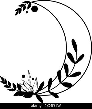 Botanischer Mond-Vektor-Illustration. Zeichnung von floraler Luna mit Blättern. Handgezeichneter Himmelskranz. Runder Rahmen mit Platz und Pflanzen in linearer Form, mit schwarzer Tinte bemalt. Mondphase. Stock Vektor