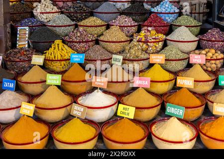 Eine Vielzahl von Gewürzen, Kräutern, getrockneten Früchten und Nüssen an einem arabischen Straßenmarkt, Dubai, Vereinigte Arabische Emirate, Asien Stockfoto