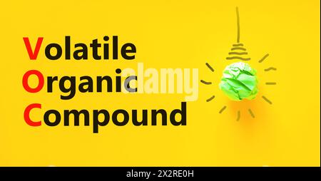 VOC-Symbol für flüchtige organische Verbindungen. Konzeptworte VOC flüchtige organische Verbindung auf wunderschönem gelbem Papier. Schöner gelber Hintergrund. Geschäftliche VOC Stockfoto