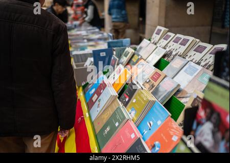 Das Buch steht auf dem Paseo Independencia während der Feier des Heiligen Georgs (San Jorge) in Saragossa, Aragonien, Spanien Stockfoto