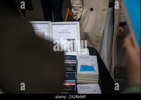 Das Buch steht auf dem Paseo Independencia während der Feier des Heiligen Georgs (San Jorge) in Saragossa, Aragonien, Spanien Stockfoto