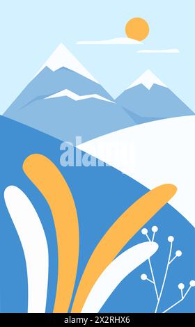 Abstrakte Winterlandschaft mit Berg- und gefrorenen Pflanzen geometrischer Formvektorillustration Stock Vektor