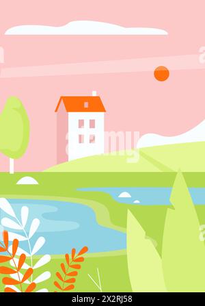 Abstrakte minimale Landschaft mit Bauernhof, grünen Hügeln und See-Vektor-Illustration Stock Vektor