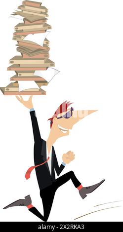 Geschäftsmann mit einem Haufen Papiere oder Bücher. Ein Geschäftsmann hält einen großen Stapel Papiere oder Bücher über dem Kopf. Isoliert auf weißem Hintergrund Stock Vektor
