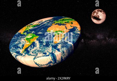 Flache Erde und Mond im Raum, 3D-Rendering Stockfoto