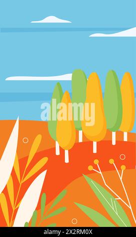 Herbst abstrakte einfache Landschaft mit Herbstwald auf Kreisberg und trockenem Gras Blätter Vektor Illustration Stock Vektor