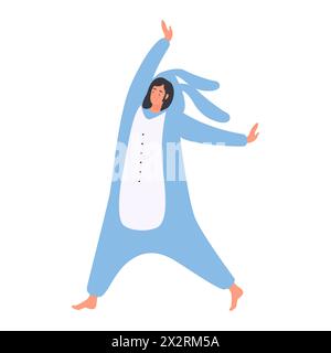 Glückliches Mädchen im Häschen Kostüm mit langen Ohren tanzen, junge Frau im Kingurumi Pyjama springende Vektor-Illustration Stock Vektor