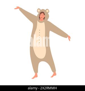 Junge Frau im Bärenkostüm auf der Pyjama-Party, Mädchen in niedlicher brauner Kingurmi-Vektor-Illustration Stock Vektor