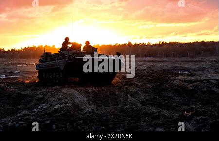 Drawsko Pomorskie, Polen. 24. Februar 2024. Polnische Soldaten, die der Warszawska Brygada in einem BWP-1 Infanterie-Kampffahrzeug während der Übung standhafter Verteidiger 24 auf dem Drawsko Trainingsplatz am 24. Februar 2024 in Drawsko Pomorskie, Polen, zugewiesen wurden. Quelle: SFC Kyle Larsen/US Army Photo/Alamy Live News Stockfoto