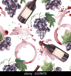 Helle Wasserfarben-Weinflasche, lila Trauben, Spritzer und Flecken nahtlose Muster. Handgezeichnete Abbildung. Stockfoto