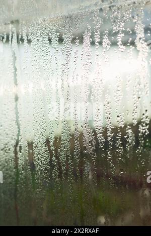 Wassertropfen auf Fensterglas Stockfoto