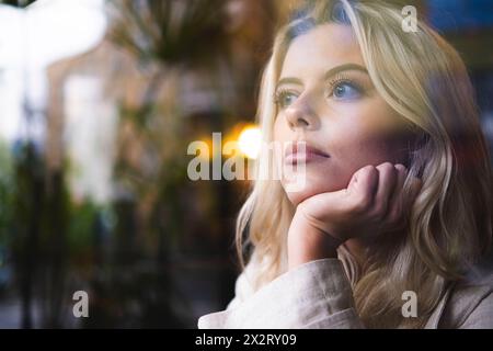 Nachdenkliche blonde Frau durch Glas gesehen Stockfoto