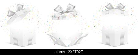 Vektorsatz von weißen Geschenkboxen mit explodiertem bunten Konfetti isoliert auf einem weißen Hintergrund. Entfaltete Überraschungs-Geschenkbox, Vektorillustration. Stock Vektor