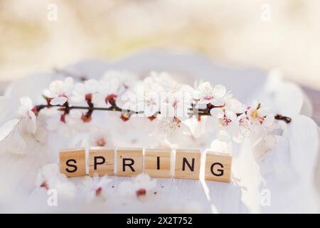 Hölzerne Buchstabenfliesen umgeben von Aprikosenblüten Stockfoto