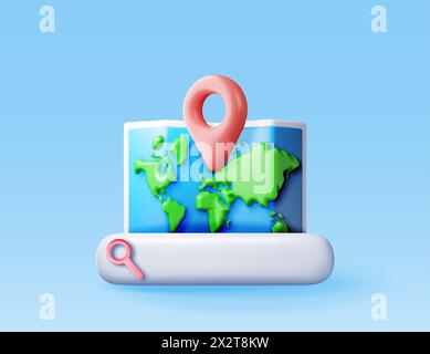 3D-Position gefaltete Papierkarte, Suchleiste und Pin Stock Vektor
