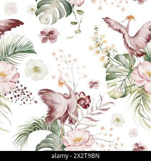 Tropisches Aquarellmuster mit Blumenmuster. Nahtloses australisches Blumenmuster. Orchidee, Eukalyptus, Protea und Rose. Rosafarbene Blumen und grünes Blatt. Stockfoto