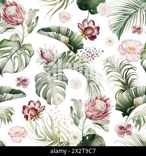 Tropisches Aquarellmuster mit Blumenmuster. Nahtloses australisches Blumenmuster. Orchidee, Eukalyptus, Protea und Rose. Rosafarbene Blumen und grünes Blatt. Stockfoto