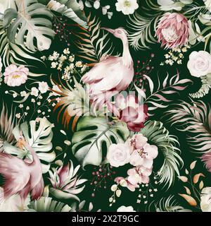 Tropisches Aquarellmuster mit Blumenmuster. Nahtloses australisches Blumenmuster. Orchidee, Eukalyptus, Protea und Rose. Rosafarbene Blumen und grünes Blatt. Stockfoto