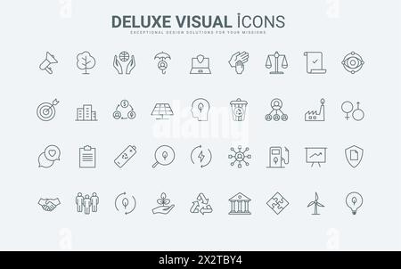 Umweltfreundliche Technologien und verantwortungsvolle Gesellschaft, Umweltrecht und ethisches Management, nachhaltige Energie skizzieren. ESG für Unternehmensentwicklung dünne schwarze und rote Linien setzen Vektorillustration Stock Vektor