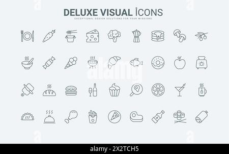 Piktogramm mit Pizza zum Mitnehmen und heißen Burgern, Croissants und Kaffee, Käse und Steak. Essen und Trinken beliebte Menü des Restaurants oder des Hauses dünne schwarze und rote Linien Symbole setzen Vektor-Illustration Stock Vektor